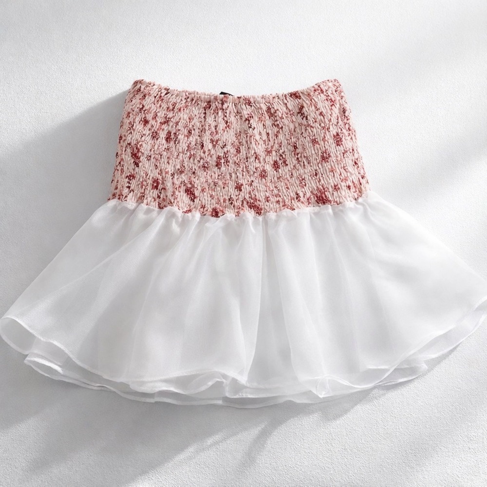 AQUA Pink Floral Tube Top Smocked Chiffon Ruffle Hem Coquette Y2K-S